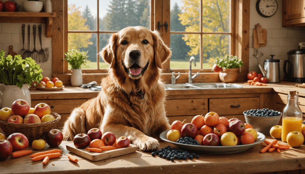 A golden retriever joyfully sits at a kitchen table adorned with apples, carrots, and blueberries, pondering what is a dog's favorite food amid the rustic charm and fresh aroma of orange juice in the cozy kitchen setting.