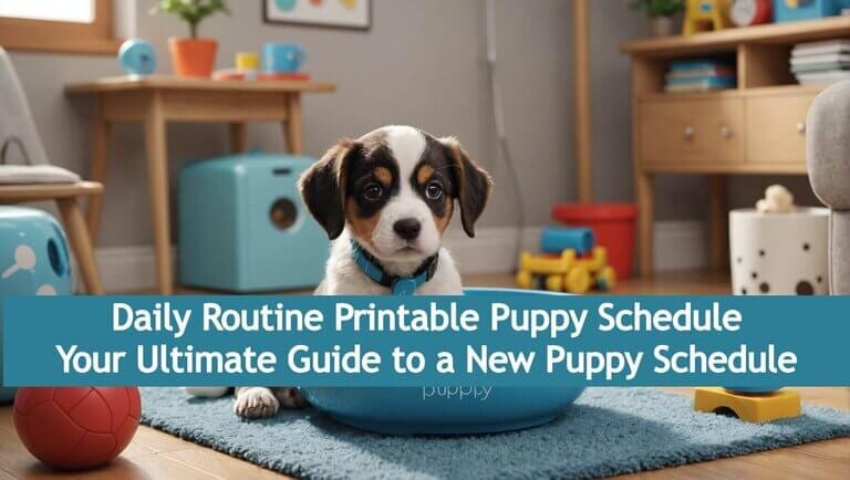 A puppy sits playfully in a room filled with toys, while a cheerful banner at the bottom declares its