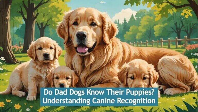 An adult Golden Retriever sits proudly with his three puppies on the grassy expanse of a sunny park. The scene invites curiosity: