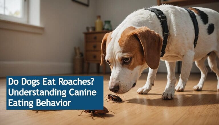 A dog sniffs two roaches on a wooden floor, with text: