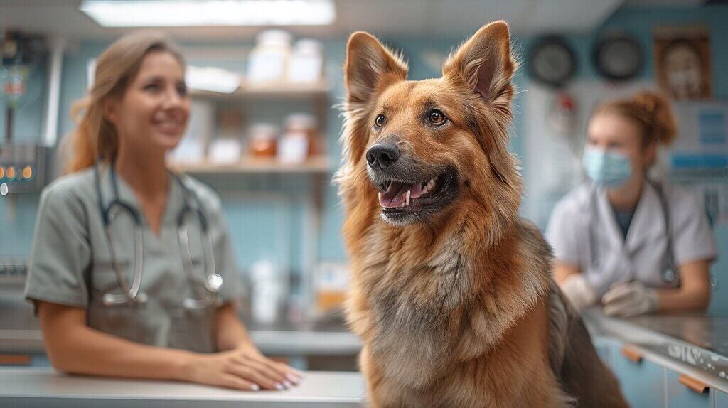 A happy dog sits on an examination table at a veterinary clinic, with one veterinarian smiling and another wearing a mask in the background, perhaps pondering unusual pet behaviors like 