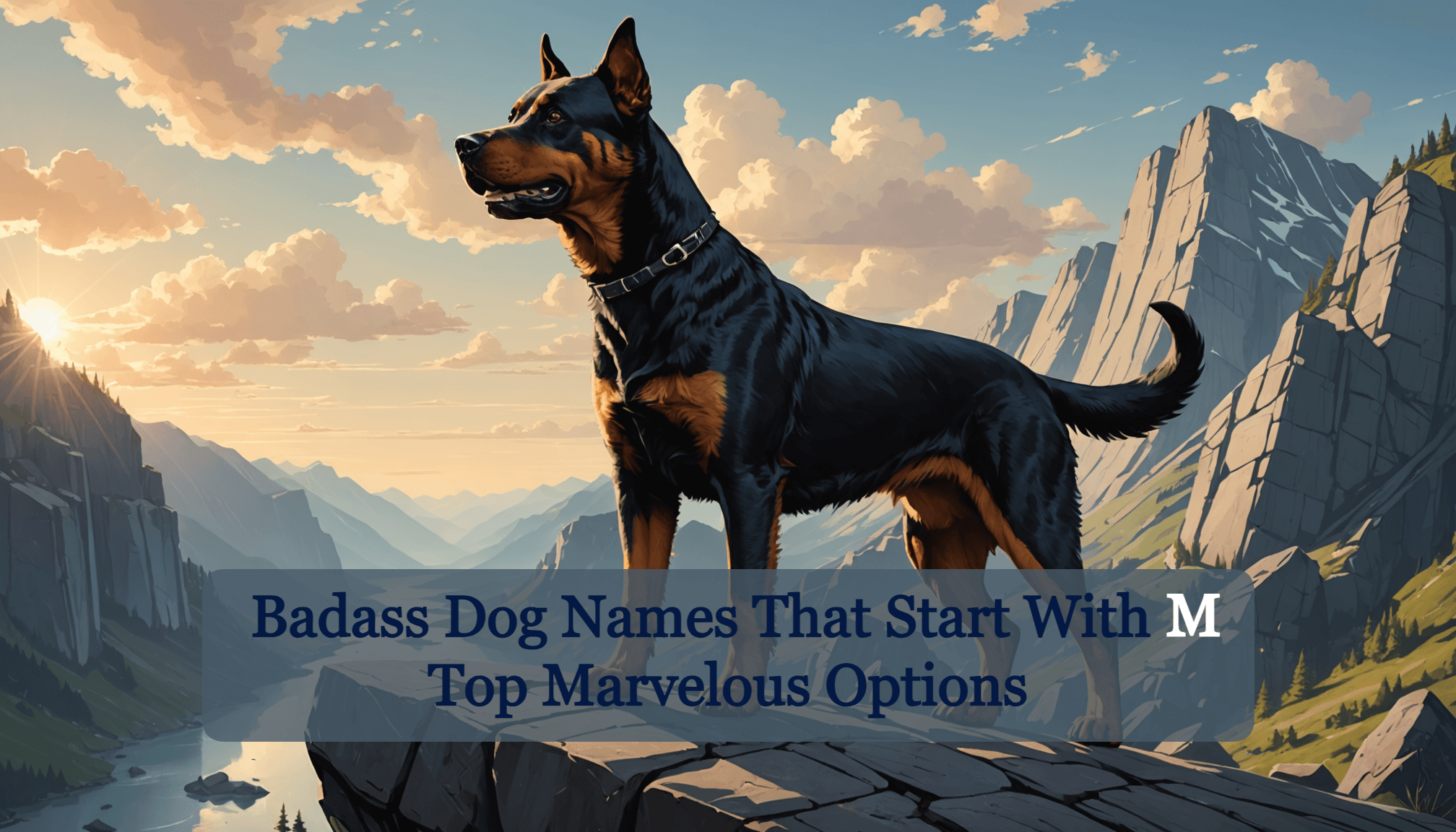 A strong dog stands on a rocky cliff with a mountainous background during sunset. Text reads: