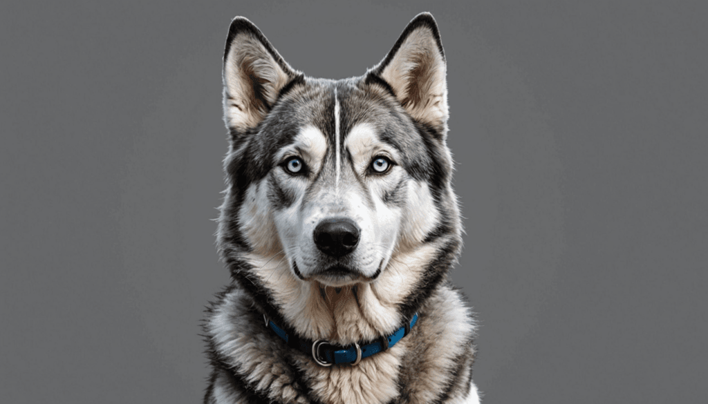 A husky with blue eyes and a blue collar stands proudly against a gray background, embodying the spirit of badass grey dog names.
