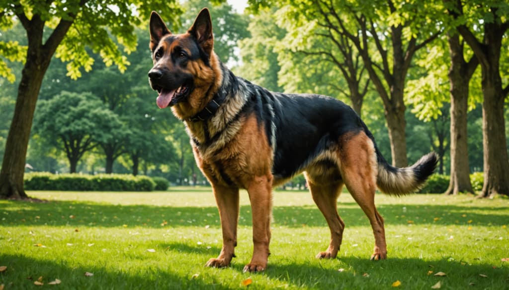 A German Shepherd stands on a grassy field in a park, surrounded by trees, with its tongue out.