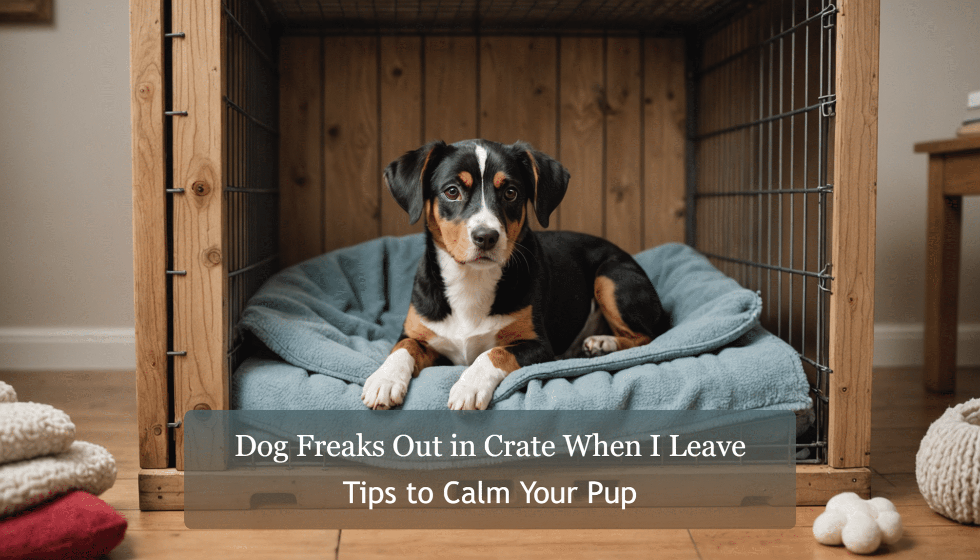 A dog lies in a cozy crate on a blue blanket. Text reads, "Dog Freaks Out in Crate When I Leave: Tips to Calm Your Pup.