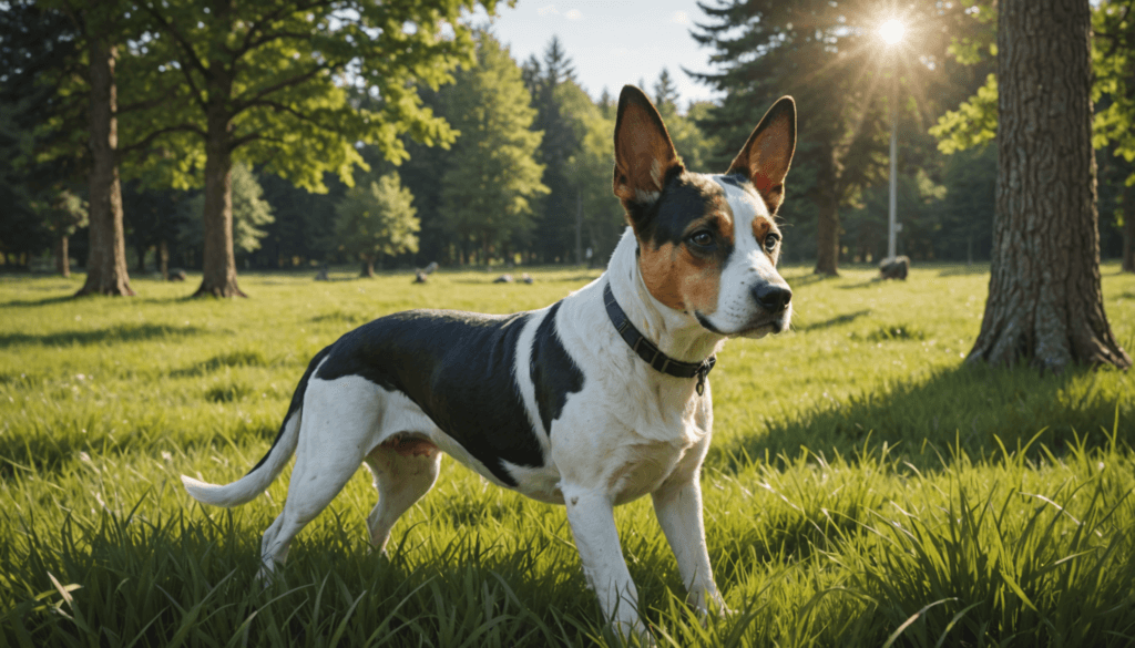 A black and white dog with tan markings stands alert in a sunlit park with trees and grass.