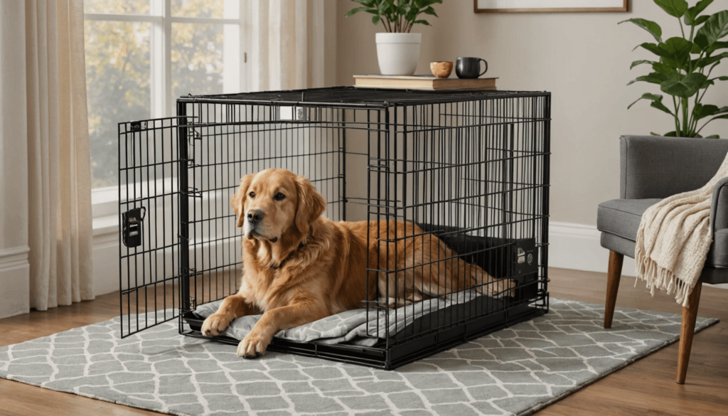 Golden retriever lying inside an open metal crate on a rug in a living room with a potted plant, chair, and a window.