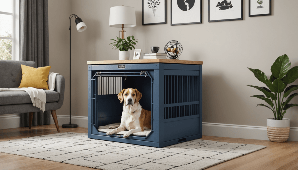 A dog sits inside a blue dog crate in a living room. The room features a gray sofa, a floor plant, a rug, and framed wall art. The crate has a wooden top with decor items.