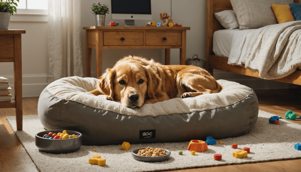 Golden retriever lying on a large dog bed in a cozy bedroom with scattered toys and a bowl of kibble.