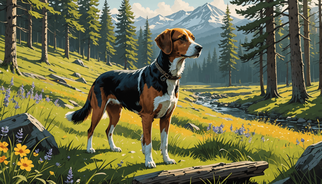 A tricolor dog, perhaps deserving of one of those catchy hunting dog names, stands in a sunlit forest clearing surrounded by wildflowers, trees, and mountains.
