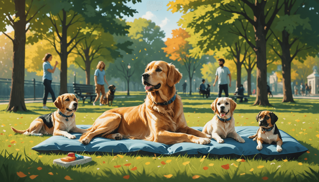 Four dogs relax on a blue mat in a park, surrounded by trees and people walking by. The serene scene offers a peaceful moment to ponder, 