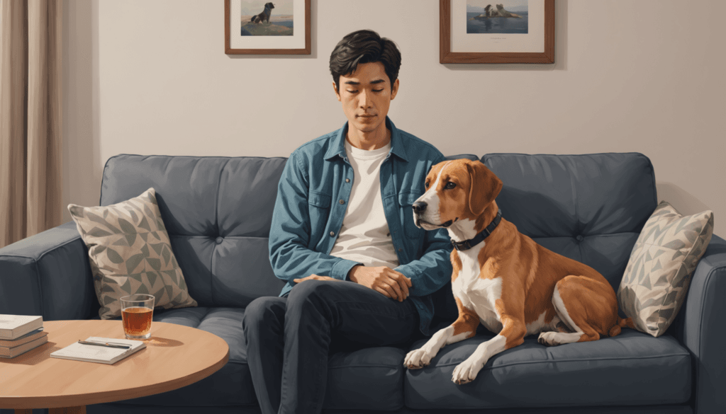 A man sits on a sofa with his dog, pondering if his loyal companion knows when he's sad. A cozy coffee table with a drink and books is in front, while framed pictures add warmth and memories to the wall behind.