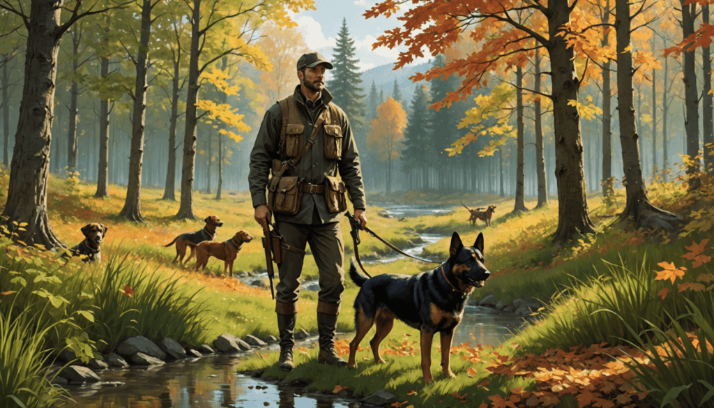 A man walks a German Shepherd on a leash through an autumn forest, with three other dogs—perhaps destined for catchy hunting dog names—frolicking near a creek in the background.