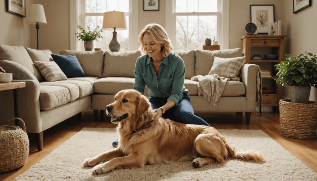 A person sitting on a rug in a living room is petting a golden retriever. The room has a sofa, plants, and framed pictures on the wall.