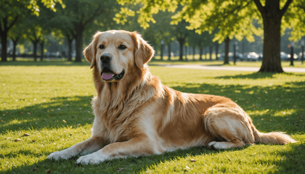Golden retriever lying on green grass in a sunny park with trees in the background.