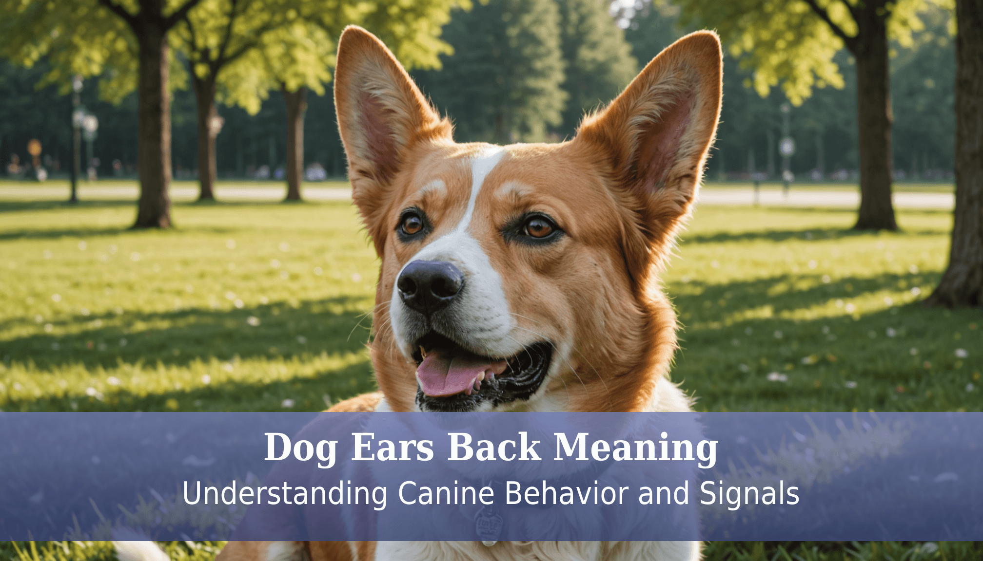 A happy dog with its ears back sits on a grassy field, surrounded by trees. Text on the image reads: