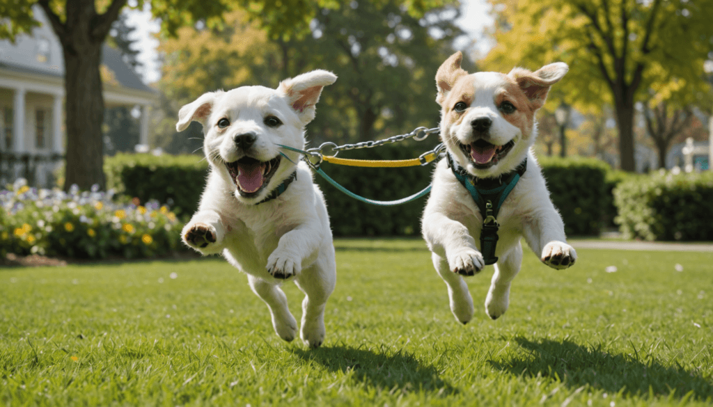 Two puppies joyfully leap forward on the grassy lawn with trees and flowers in the background, each wearing harnesses. As they play, one is caught biting its leash, adding to their playful antics.