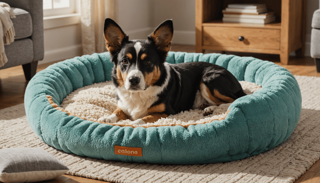 A dog lies comfortably on a luxurious, plush green dog bed in a cozy living room with sunlight streaming through a window.