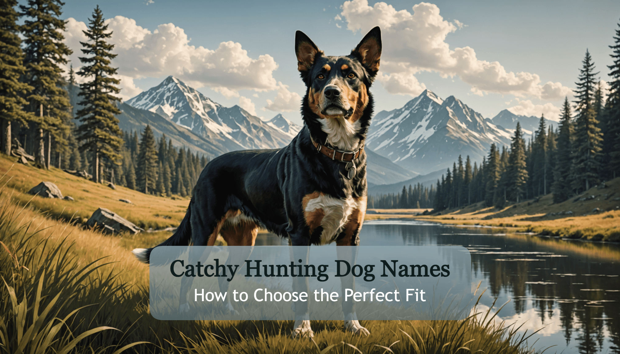 A dog stands by a river with mountains in the background, embodying the spirit of adventure. Text reads: