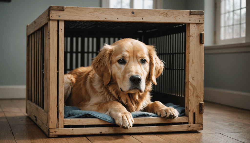 A golden retriever lies inside a wooden crate on a blue blanket.