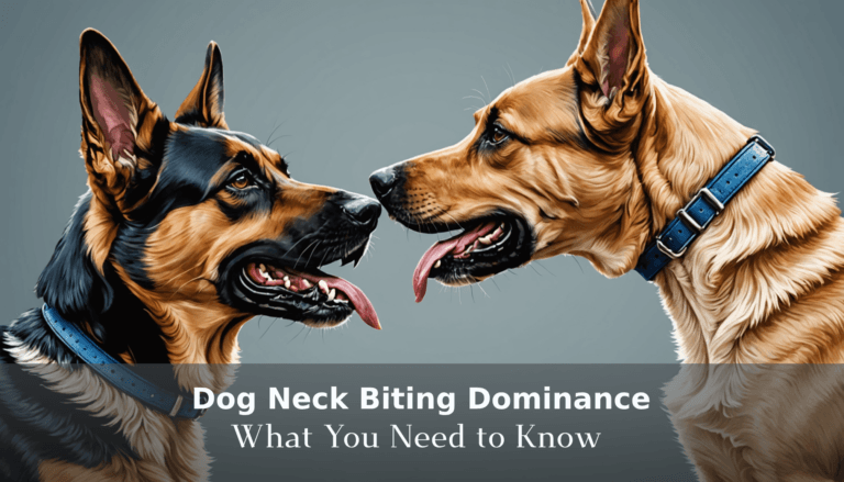 Two German Shepherds face each other with open mouths, illustrating dog neck biting dominance. Text at the bottom reads: