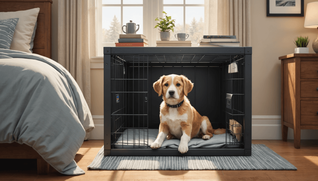A dog, having pooped in its crate, lies contentedly on a cushion inside the black metal enclosure, nestled within a cozy bedroom adorned with a bed, wooden furniture, and lush plants.