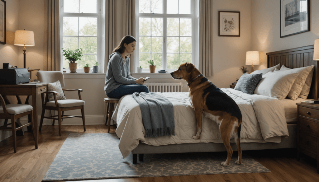A woman sits on a bed using a tablet, with a dog standing at the bed's edge in a cozy bedroom.