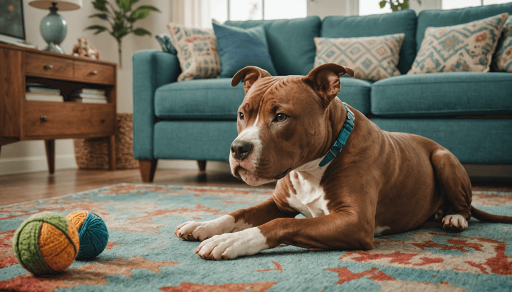 A brown and white dog is peacefully lying on a patterned rug in front of two balls of yarn. With a teal couch and decorative pillows as its backdrop, it looks like mischief might be brewing, reminiscent of the playful times when this same dog was caught nibbling on me.