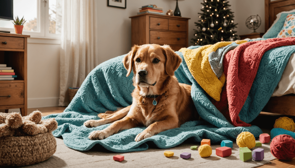 A golden retriever contentedly licks the teal quilt as it lies in a cozy bedroom, surrounded by colorful blocks and yarn balls. A decorated Christmas tree stands in the corner, adding a festive touch to the serene scene.