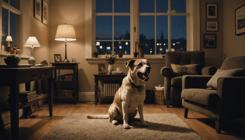 A dog sits calmly on a rug in a cozy living room at night, with a window showing a sparkling cityscape. Despite the serene setting, there's an underlying hint that the dog might get aggressive at night, adding an unexpected edge to the peaceful scene.