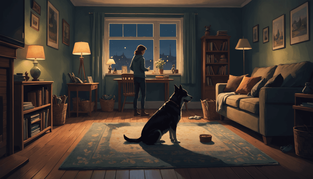 A person stands by a window in a cozy living room at night, with a dog sitting nearby that occasionally gets aggressive as darkness falls. The room features lamps, a sofa, shelves, and framed pictures on the walls.