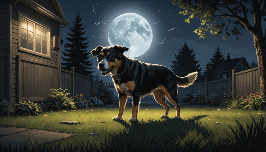 A dog stands in a backyard at night, eyes vigilant under the luminous full moon. As darkness deepens, watchful neighbors note how the dog gets more aggressive at night.