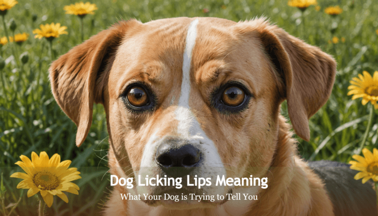 In a sunlit field of yellow flowers, a dog gazes at the camera, its tongue playfully darting out. The text overlay reads: