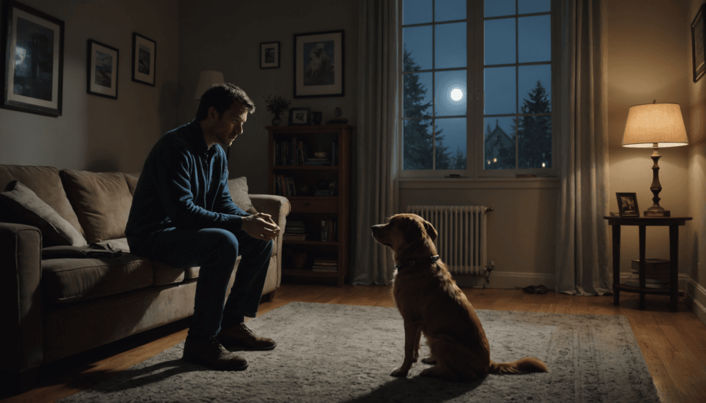 A man sits on a couch, cautiously facing his dog in the dimly lit living room. The large window reveals a full moon and silhouetted trees, adding to the tension as he wonders why his usually gentle companion gets aggressive at night.