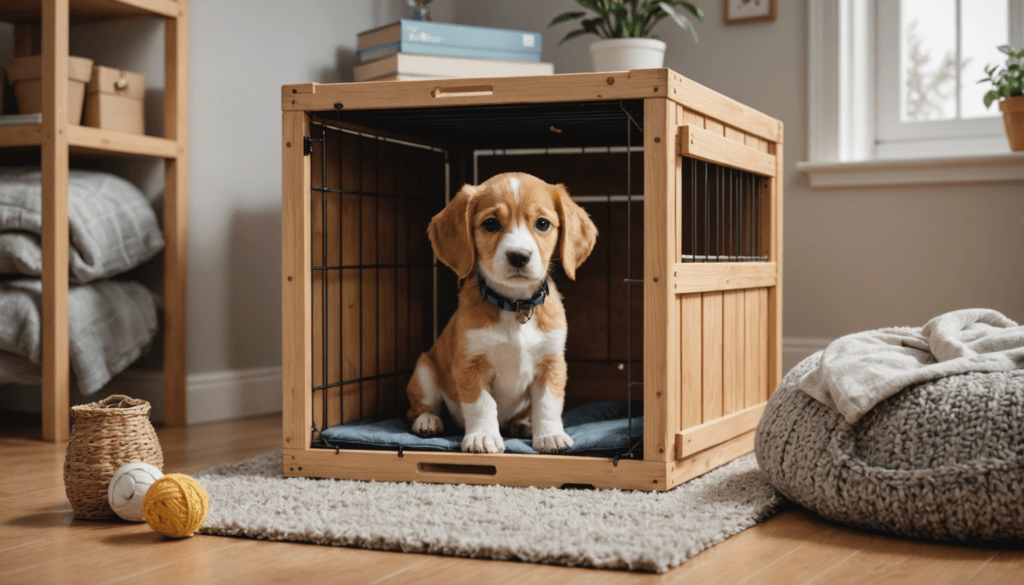 A puppy sits inside a wooden crate on a cushion, looking innocent despite the little mishap earlier. The room, with its rug, knitted basket, yarn balls, and a window with a plant, maintains its cozy atmosphere.