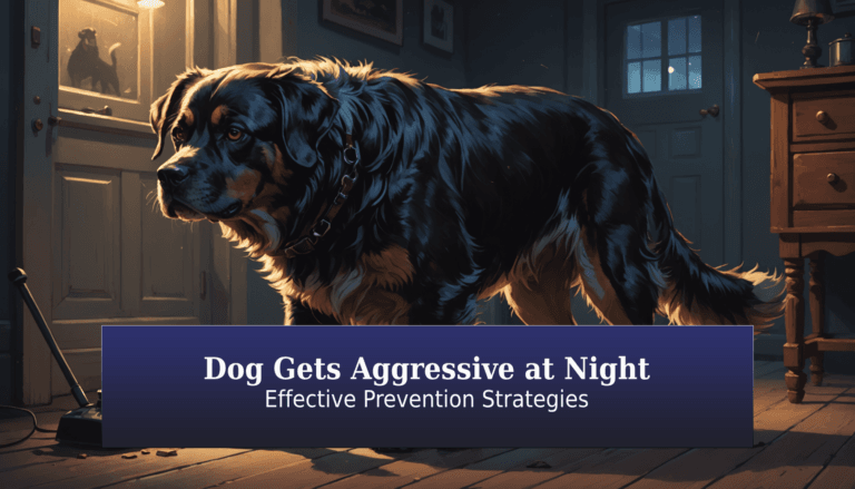 A large dog stands indoors at night, looking tense under a nearby lamp. Through the window, a cat is visible. Text reads:
