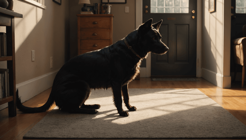 A black dog, seemingly spooked by something unseen, sits cautiously on a rug in a sunlit room, with a wooden cabinet and glass door in the background.
