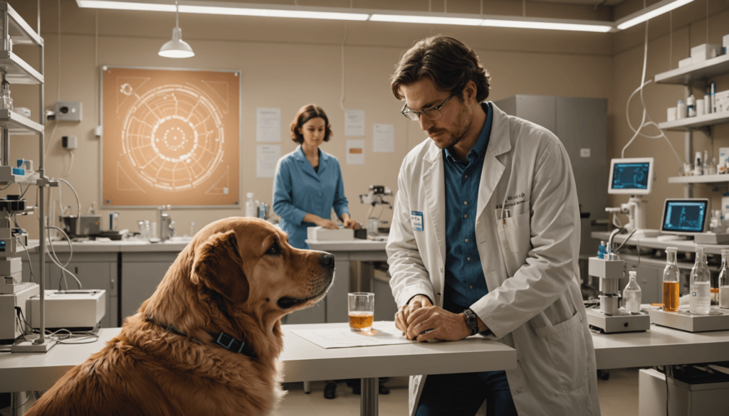 A scientist in a lab coat sits at a table with a Golden Retriever, perhaps exploring how dogs know who their owner is in a family. Meanwhile, a woman stands in the background of the lab, equipped with microscopes and scientific instruments.