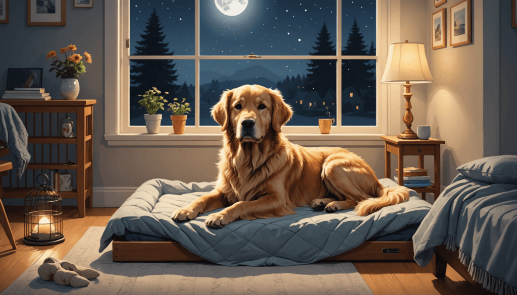 A golden retriever lies on a bed in a cozy room, with a large window showing a moonlit night outside. A lamp, books, and plants decorate the space, providing tranquility unlike the chaos when the dog suddenly poops in its crate at night.