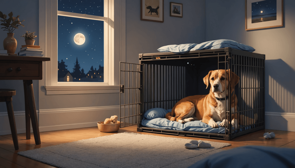 A dog rests peacefully in a crate with a cushion, next to a window revealing a starry night and full moon. The room features wooden floors, a cozy rug, framed pictures, and a bowl with a toy. But occasionally, the mystery of the dog's sudden pooping in the crate at night lingers.