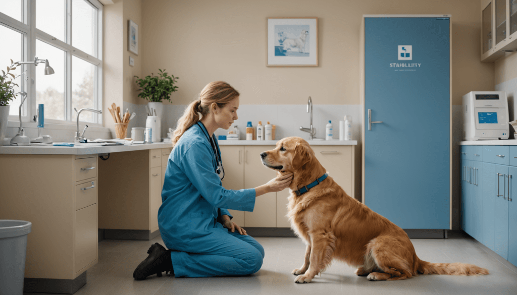 A veterinarian kneels to examine a Golden Retriever in a clinic room filled with medical equipment, reflecting concern over recent behavior like the dog suddenly pooping in its crate at night.