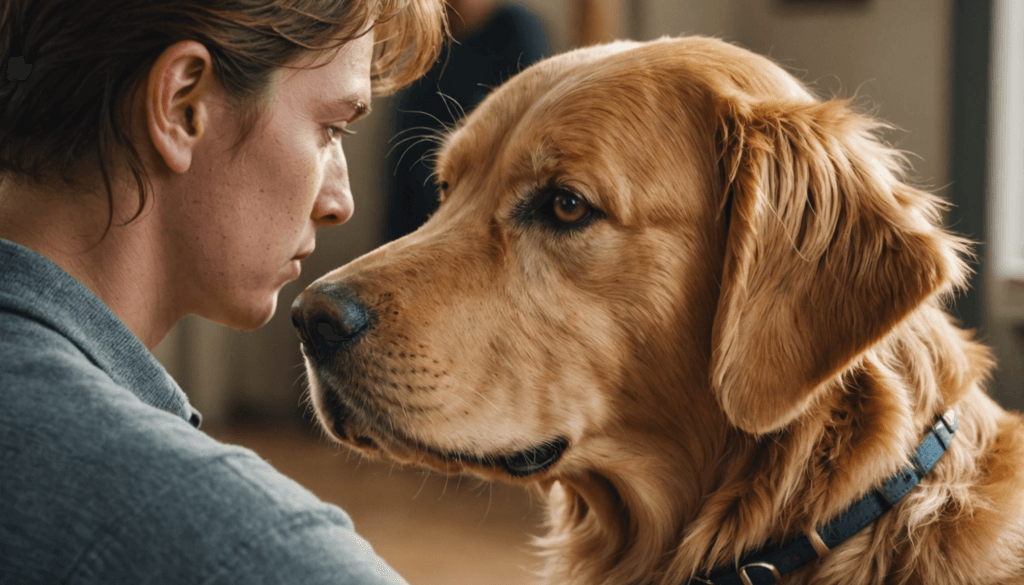 A person stands before a Golden Retriever, the bond unmistakable. It's intriguing how dogs know who their owner is in a family, sensing that unique connection and love amidst familiar faces.