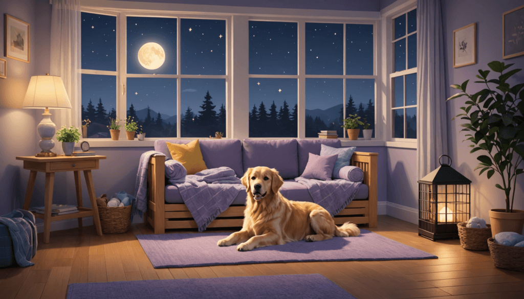 A dog rests peacefully on a purple rug in a cozy living room. The space features a sofa, plants, and large windows revealing a starry night with a full moon, quite the contrast to those sudden crate incidents at night.