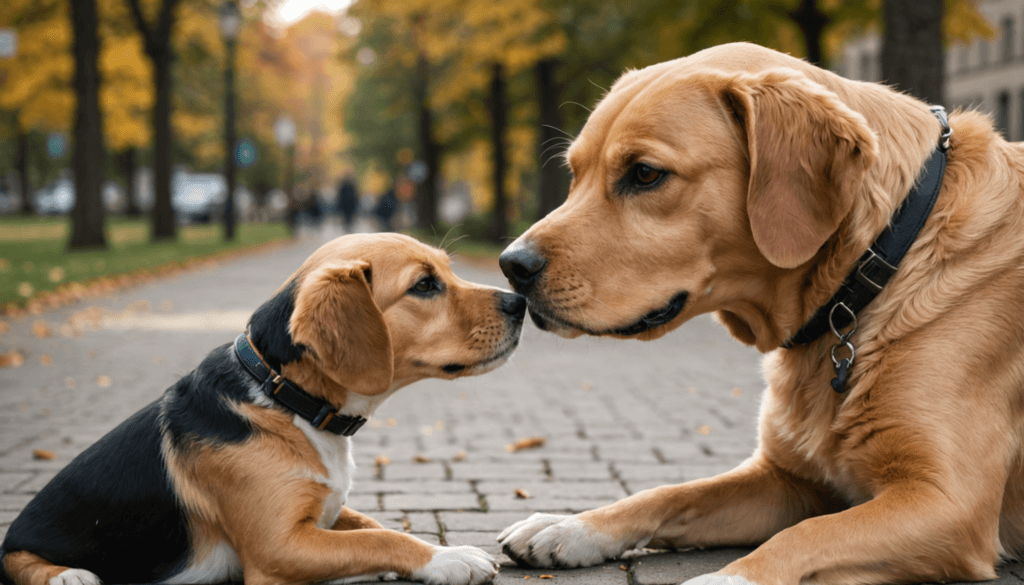 A small puppy and a larger dog touch noses while the larger one gently places a paw on the puppy, showcasing gentle dominance, all amidst a tree-lined pathway covered in autumn leaves.