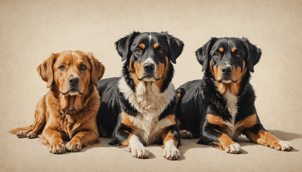 Three dogs with brown, black, and white fur lie side by side against a neutral background, their peaceful sleep interrupted only by the amusing memory of a dog suddenly pooping in its crate at night.