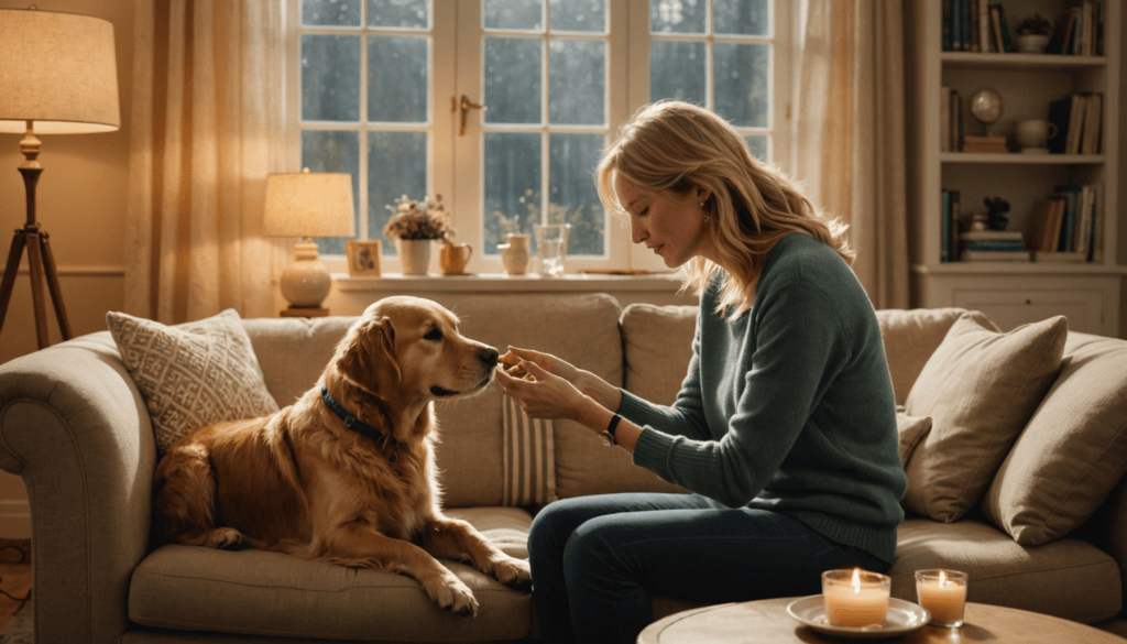 A woman sits on a couch in a cozy living room, offering a treat to her loyal golden retriever. Sunlight streams in through large windows, illuminating the bond that answers the age-old question: How do dogs know who their owner is in a family?.