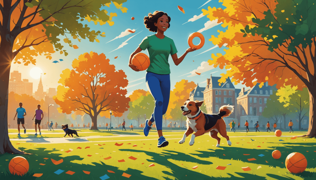 A woman jogs through the autumn park, juggling a Frisbee and a basketball, her loyal dog running beside her. Trees with vibrant orange leaves sway gently as people enjoy the scene in the background. A perfect escape for a dog suddenly destructive when left alone.