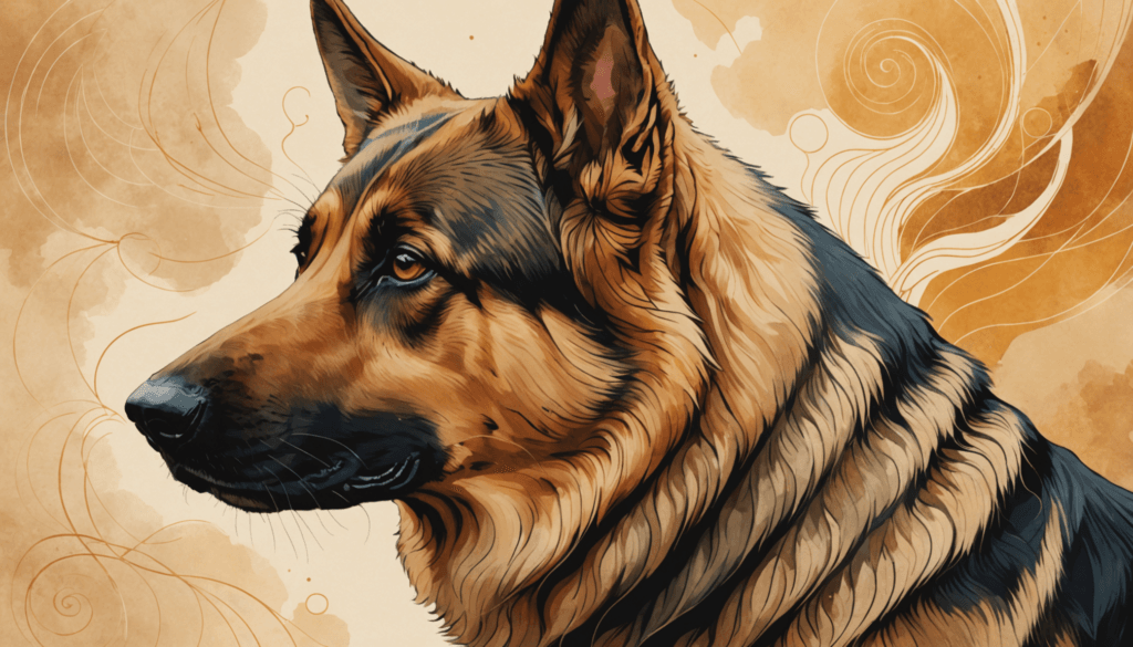 An illustration of a German Shepherd with a focused expression, set against a beige background with swirling patterns, subtly capturing the essence of how dogs can instinctively identify their owner in a family.