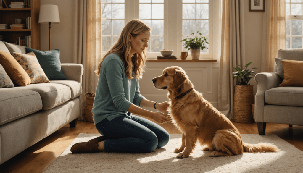 A woman kneels on a rug in a sunlit living room, gently holding the paws of her golden retriever. The warm atmosphere is a testament to how dogs just know who their owner is in a family, cherishing every moment together.
