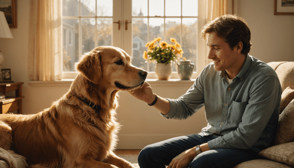 In a sunlit living room, a man gently pets the family golden retriever sitting beside him on the couch, illustrating that special bond only dogs can sense with their owners.
